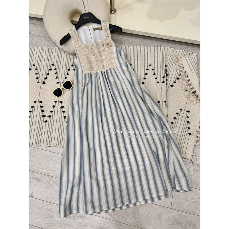 Váy kẻ Xanh Phối Ren_ Tặng kèm tag đá sịn sò