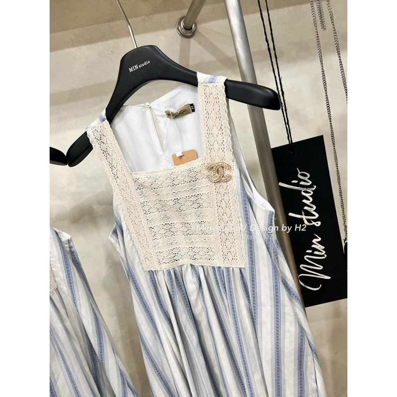 Váy kẻ Xanh Phối Ren_ Tặng kèm tag đá sịn sò