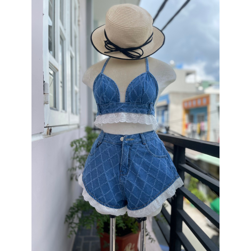 Set đi biển 2 món áo cột nơ quần đùi chất jean phối jean,set bikini denim hè phong cách ⛅️ hình thật mấy ảnh cuối | BigBuy360 - bigbuy360.vn