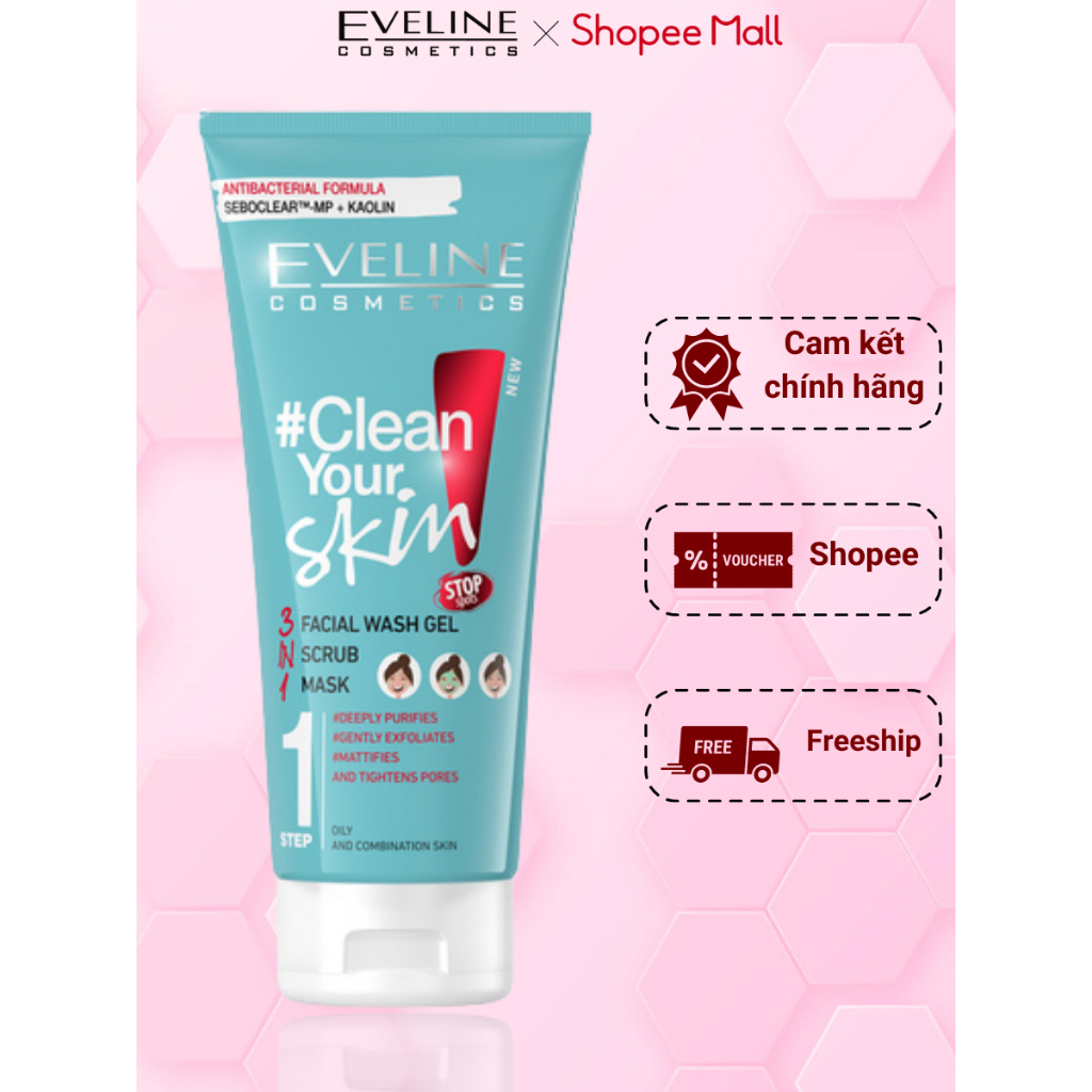 Gel rửa mặt Eveline Clean Your Skin ngừa mụn 3 tác động 200ML