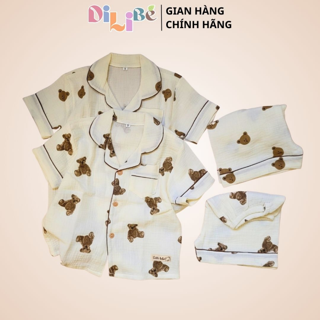 Bộ Pijama DILIBÉ tay ngắn quần ngắn cho bé trai bé gái cute cao cấp chất liệu Xô Muslin