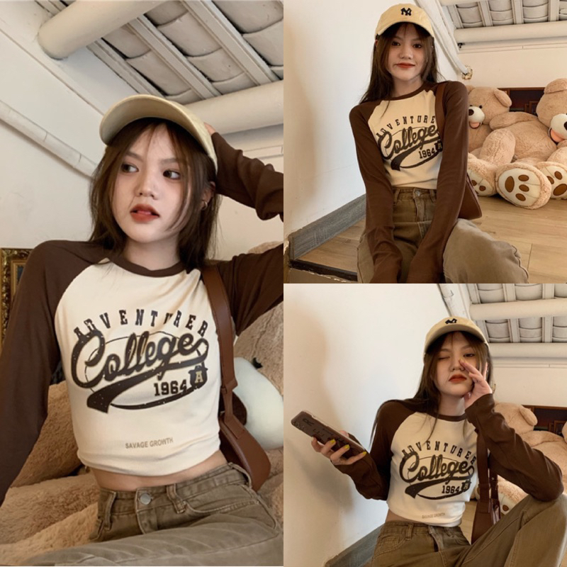 Áo Thun Tay Dài Màu Nâu Hình Chữ Colle