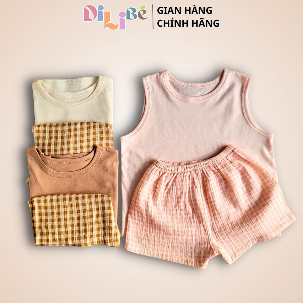 Bộ quần áo thun đùi mùa hè cho bé trai bé gái caro chất liệu Xô Muslin - Dilibé