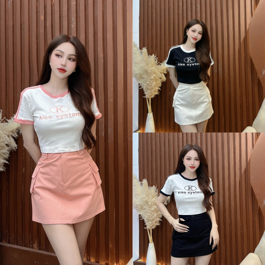 Set thiết kế CRAZYTEEN S3386 gồm áo thun thêu họa tiết và phối chân váy túi hộp