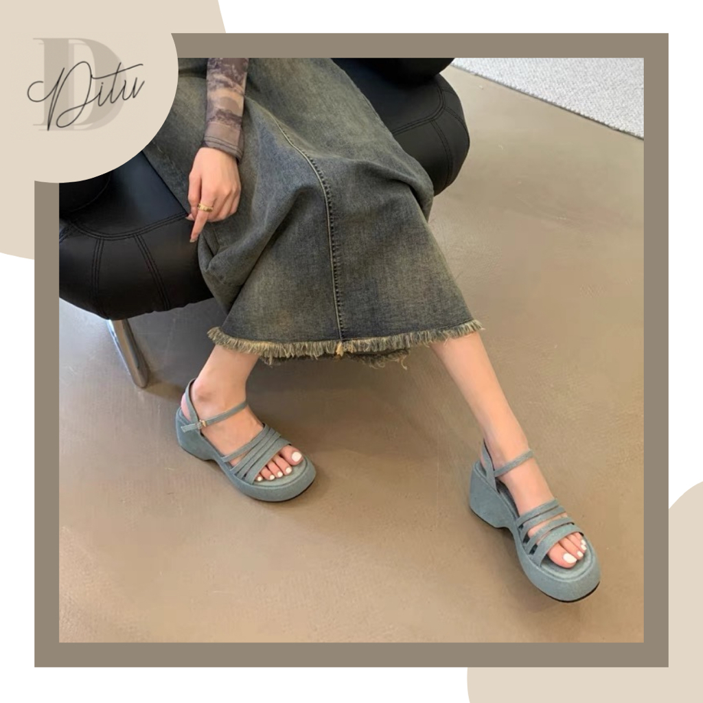 Sandal Nữ Đế Cao Denim Phong Cách Đan Quai - Sandal Quai Ngang Hottrend