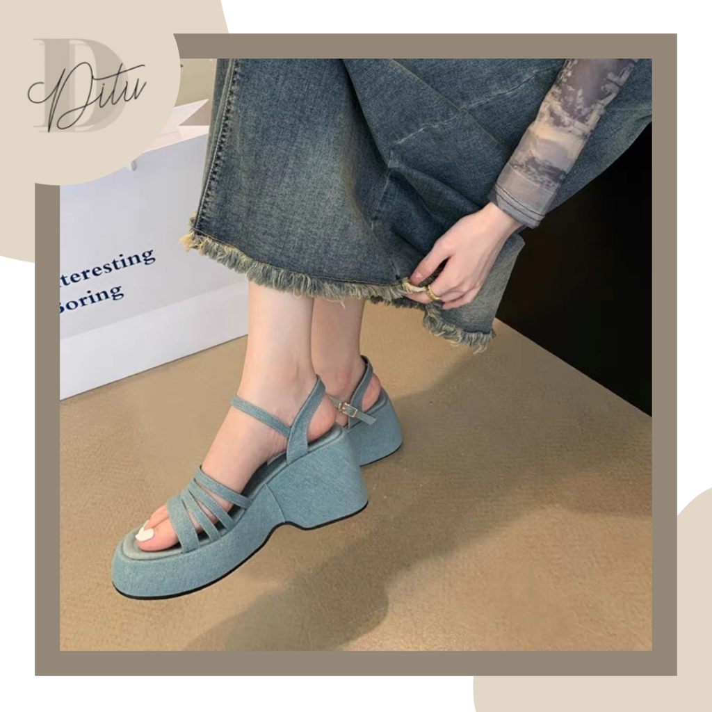Sandal Nữ Đế Cao Denim Phong Cách Đan Quai - Sandal Quai Ngang Hottrend