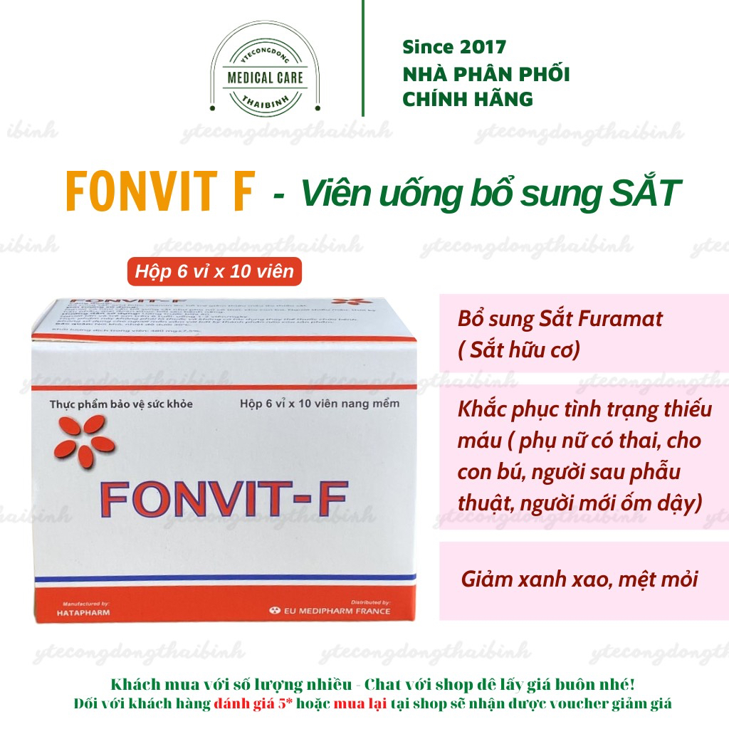 Sắt viên FONVIT - F viên sắt bổ máu bổ sung sắt cải thiện tình trạng thiếu máu không nóng không táo bón Hộp 60 viên