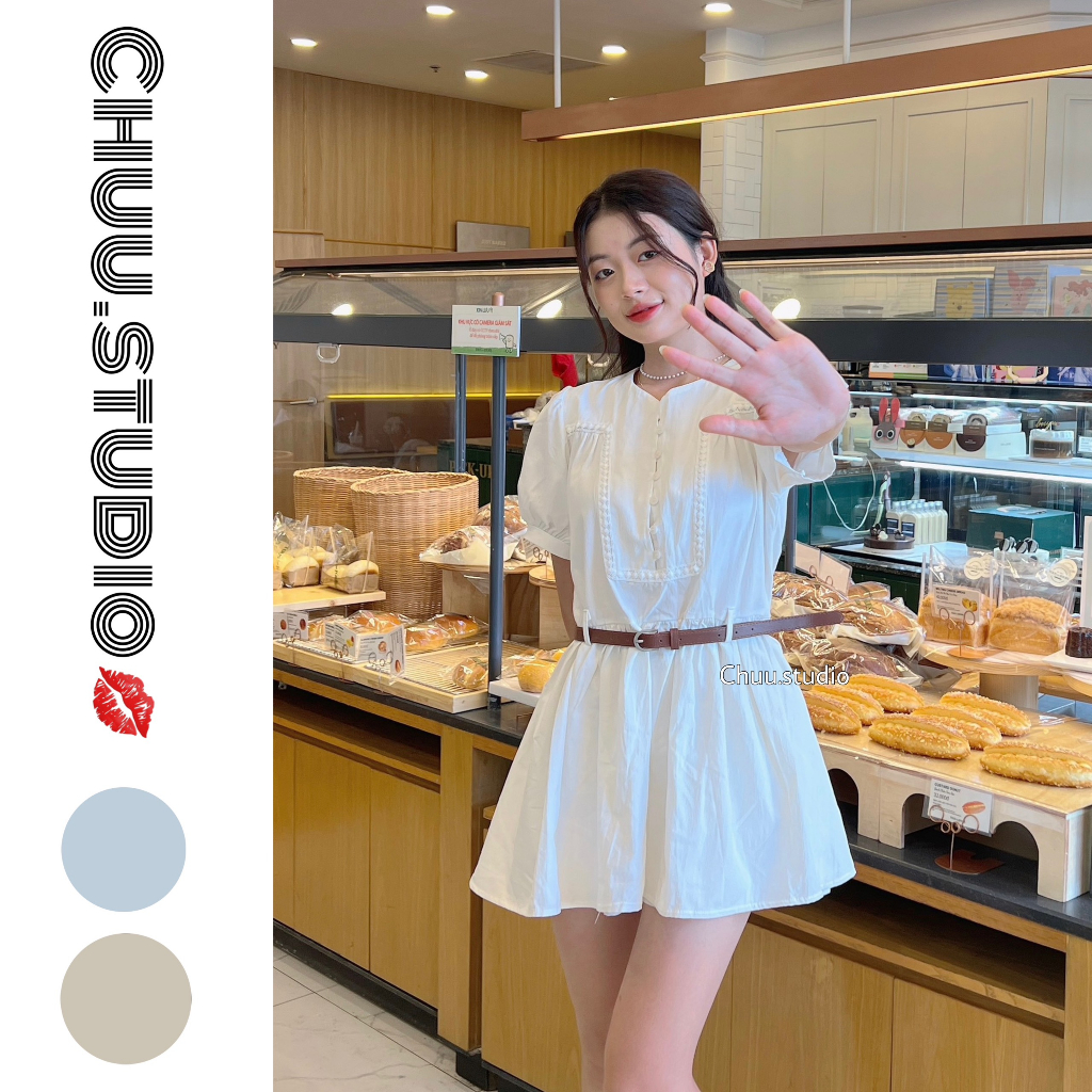Váy Mori Girl trắng form chữ A, thắt eo