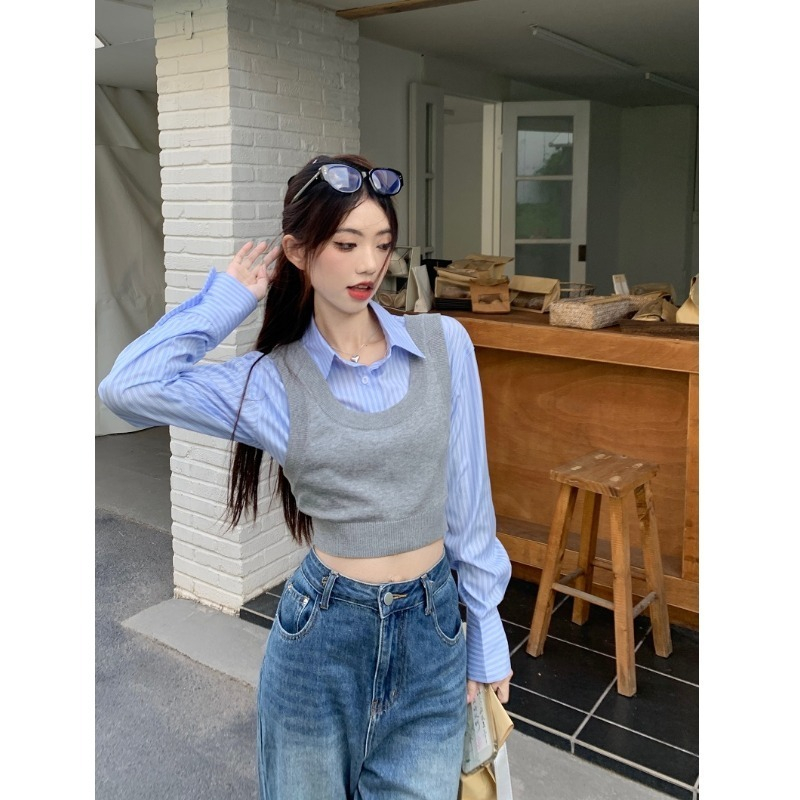 Set Đồ Nữ Áo Sơ Mi Nữ Croptop Dài Tay, Áo Len Gile Áo Kiểu Hàn Quốc Dệt Kim Không Tay Dáng Ôm Set Đồ Nữ Đi Chơi SD569