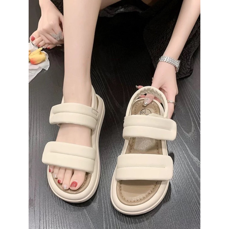 SANDAL 2 QUAI DA ĐẾ CAO 4CM PHỐI MÀU THỜI TRANG CÁ TÍNH