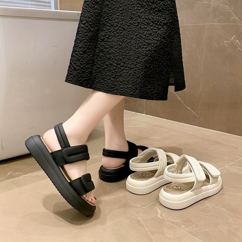 SANDAL 2 QUAI DA ĐẾ CAO 4CM PHỐI MÀU THỜI TRANG CÁ TÍNH