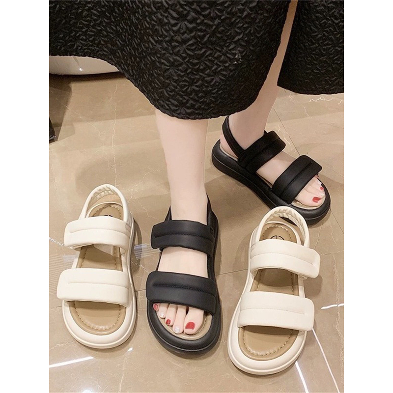 SANDAL 2 QUAI DA ĐẾ CAO 4CM PHỐI MÀU THỜI TRANG CÁ TÍNH