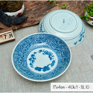 Đĩa sâu lòng men lam hoa vẽ lòng - gốm sứ nhật bản