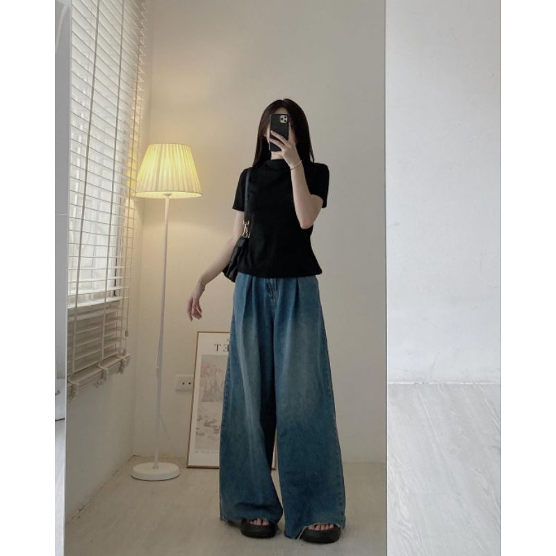 Quần jeans denim ống rộng dáng dài tua gấu Tesoro clothes