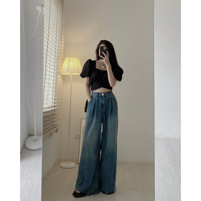 Quần jeans denim ống rộng dáng dài tua gấu Tesoro clothes