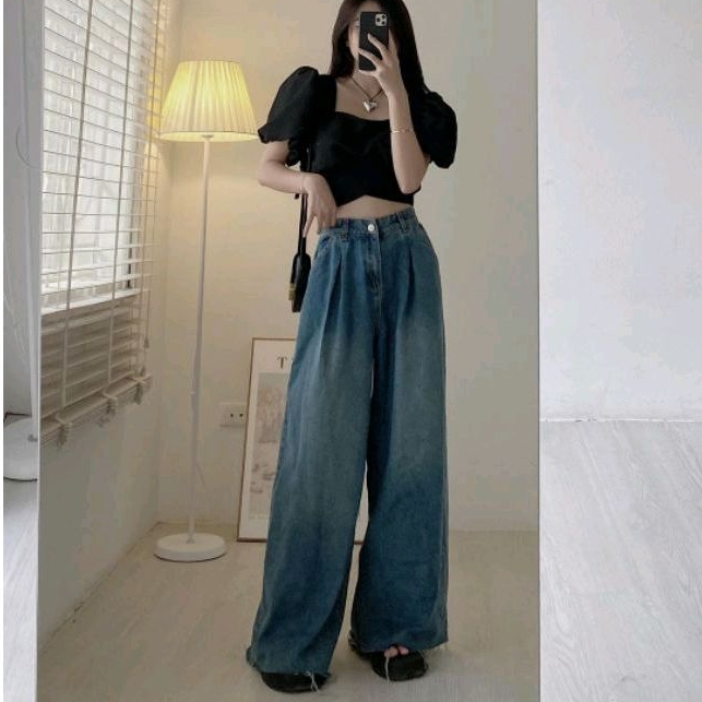 Quần jeans denim ống rộng dáng dài tua gấu Tesoro clothes