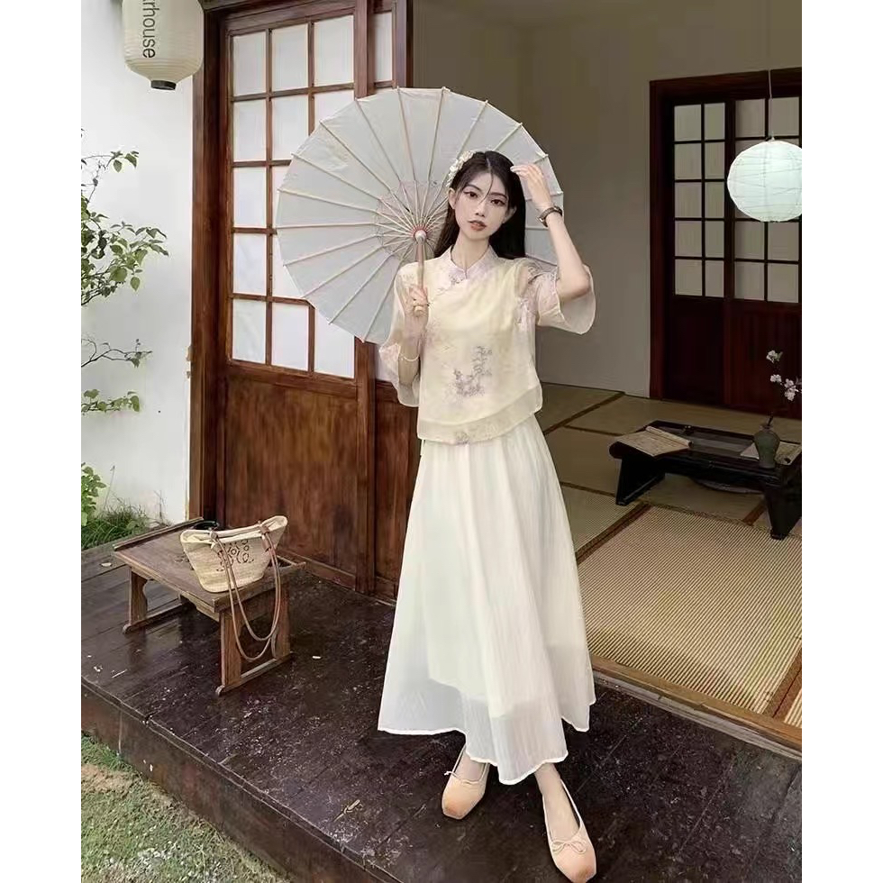 Set Hán phục áo dài cách tân váy chân dài xinh phong cách retro trung Hoa xưa