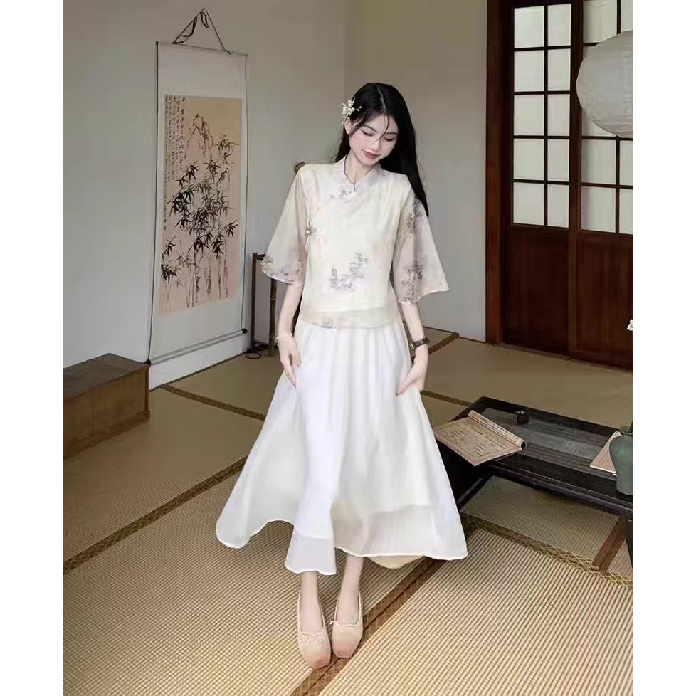 Set Hán phục áo dài cách tân váy chân dài xinh phong cách retro trung Hoa xưa
