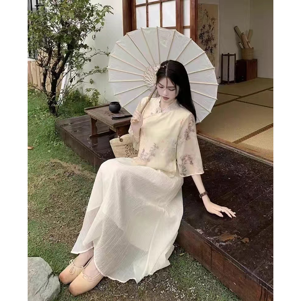 Set Hán phục áo dài cách tân váy chân dài xinh phong cách retro trung Hoa xưa