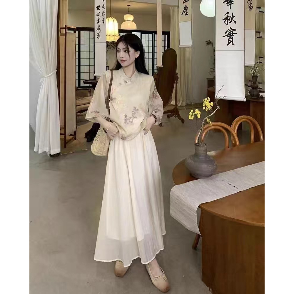 Set Hán phục áo dài cách tân váy chân dài xinh phong cách retro trung Hoa xưa