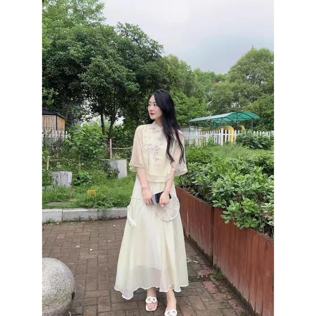 Set Hán phục áo dài cách tân váy chân dài xinh phong cách retro trung Hoa xưa