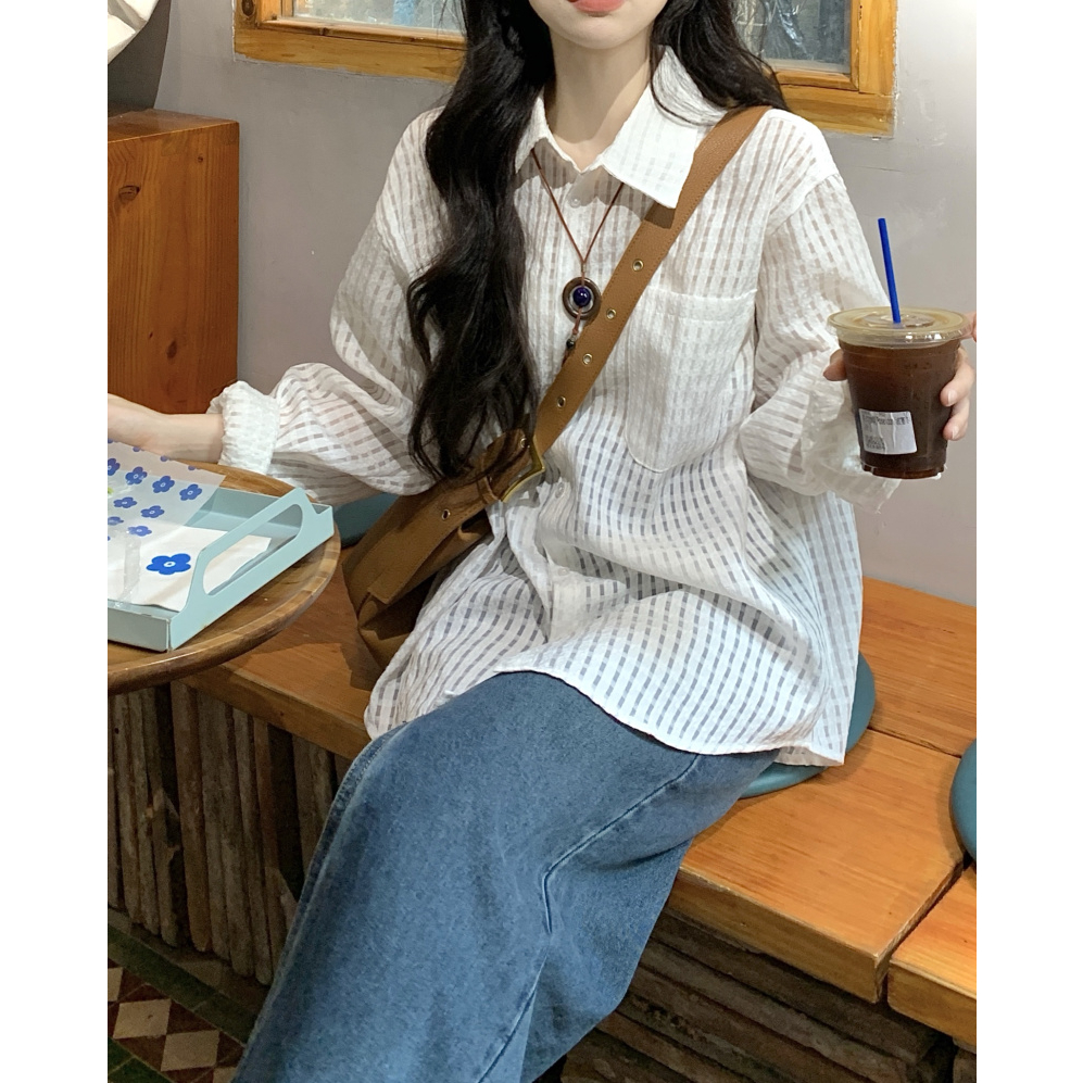 Áo sơ mi nữ tay dài dễ thương dành cho nữ, áo sơ mi trắng dáng dài phong cách Hàn Quốc··