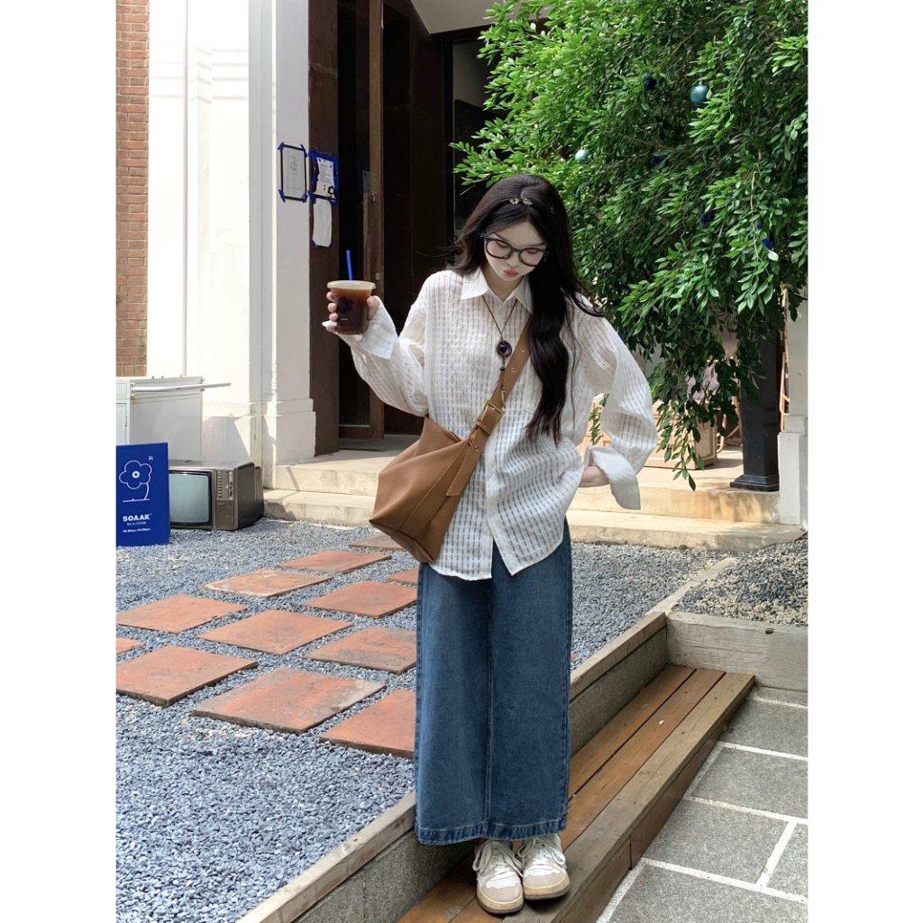 Áo sơ mi nữ tay dài dễ thương dành cho nữ, áo sơ mi trắng dáng dài phong cách Hàn Quốc··