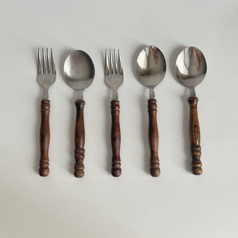 Thìa muỗng, dĩa cán gỗ vintage đồng quê dễ thương gốm sứ Nhật Âu
