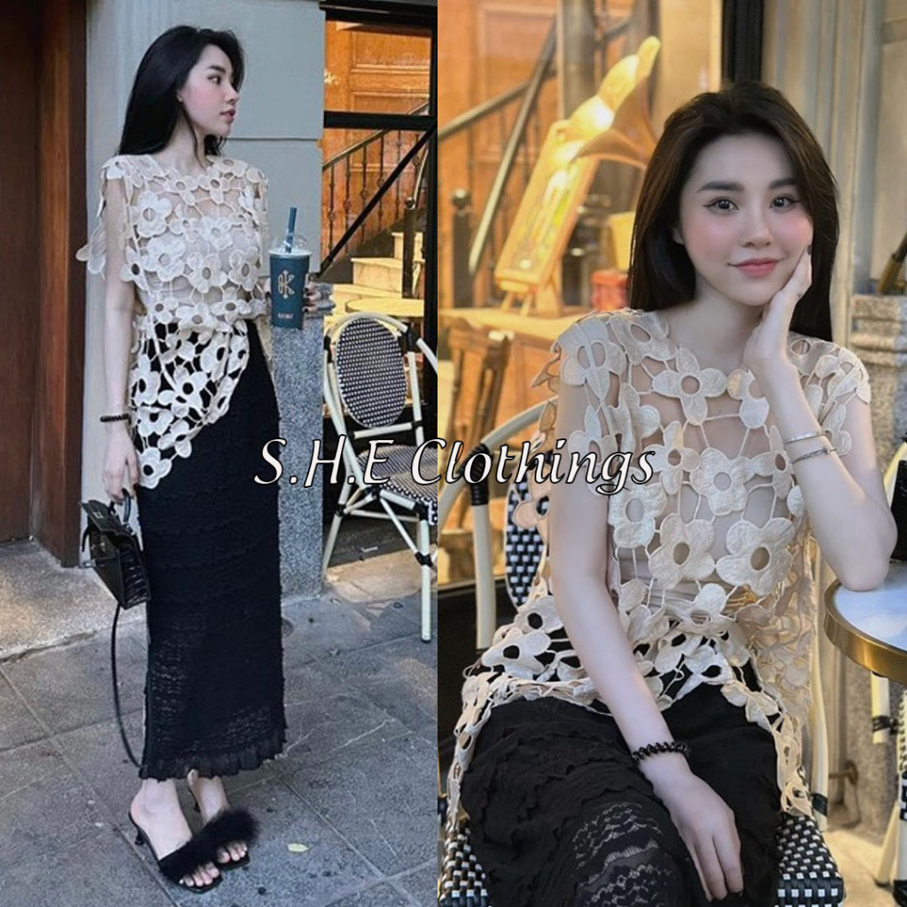 Áo Ren Hoa Sexy Nữ Dáng Dài Áo Kiểu Nữ Hoa To Nổi Mặc Ngoài Hack Dáng Freesize S494