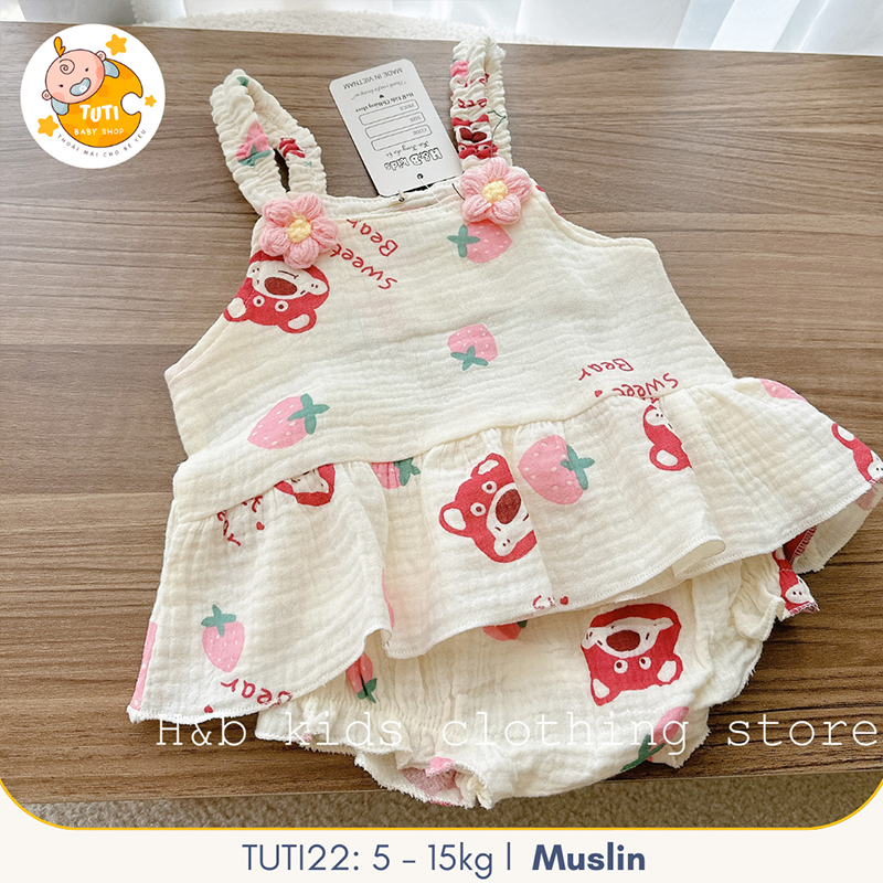 Bộ Đồ Bé Gái Dễ Thương Hai Dây, Set Đồ Cho Bé Họa Tiết Gấu Dâu Lotso Vải Mát Cho Bé từ 5 - 15kg TuTi TuTi Baby TUTI22