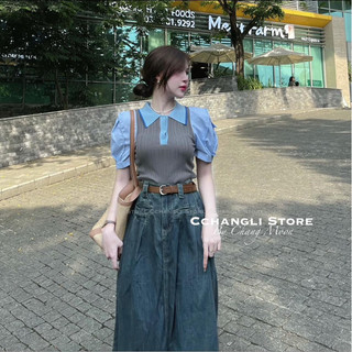 Set áo len phối sơ mi mix chân váy jean dài qcl1