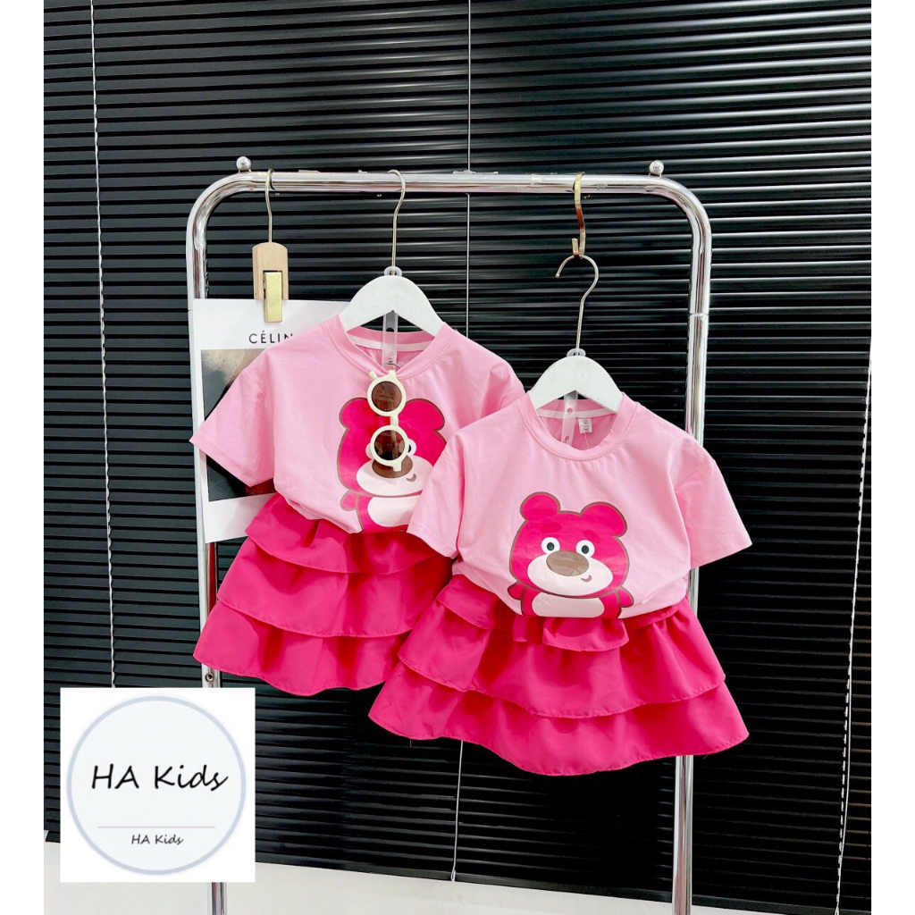 Xả hàng size nhí - váy gấu dâu 2 dây, váy gấu dâu lotso sát nách cho bé 8-18kg