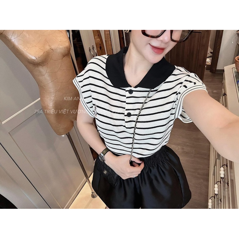 Áo len kẻ cổ bẻ thêu thỏ
