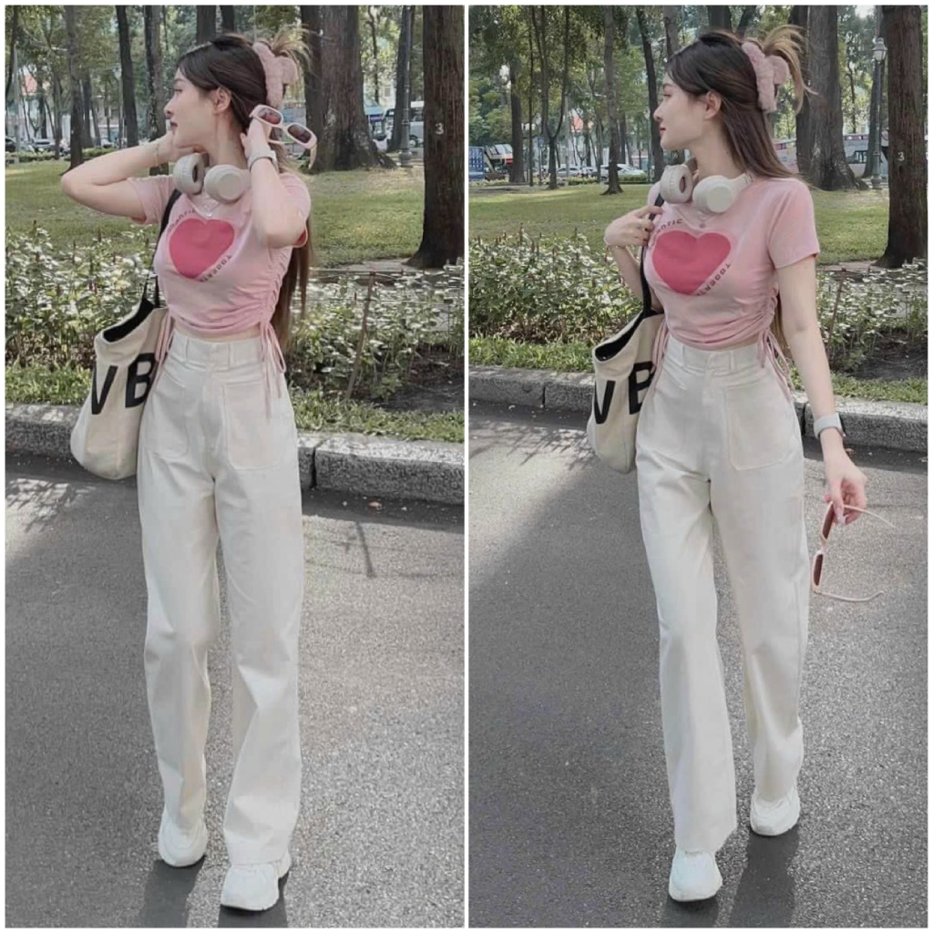 Set đồ bộ nữ áo thun croptop hình rút dây phối quần dài ống rộng dễ thương dành cho các tình yêu đi chơi, đi làm xinh.