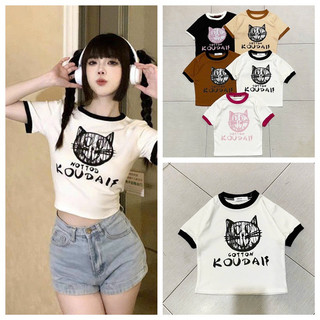 Áo thun croptop in hình mặt mèo chất thun porip co dãn