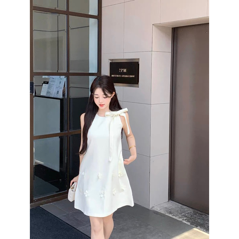 Váy trắng hoa nơ vai HANNY