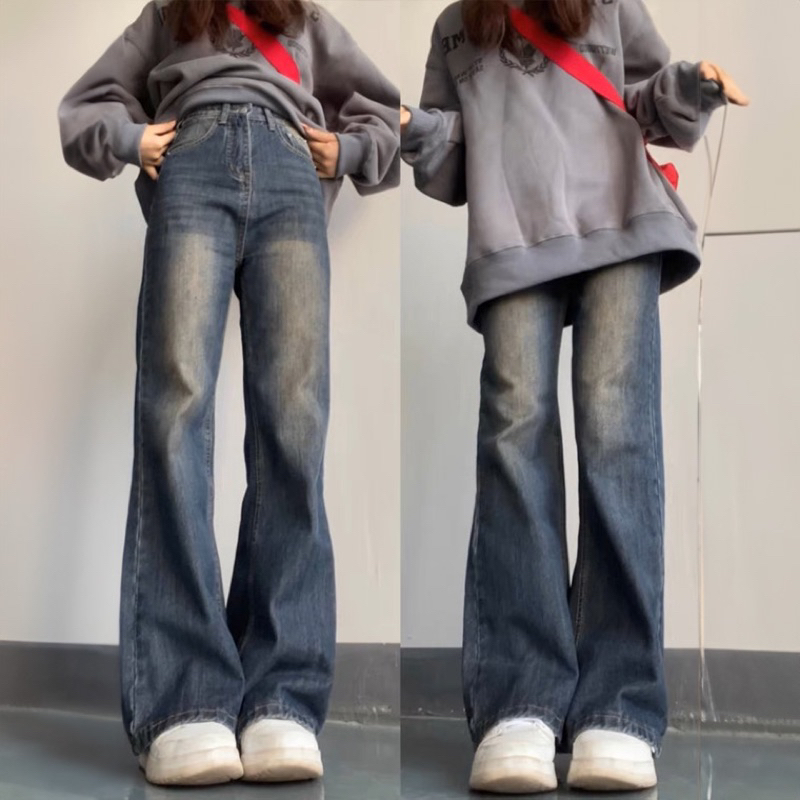 (ẢNH THẬT) Quần jeans nữ ống rộng dáng loe nhẹ lưng cao form suông rộng xanh wash Vibe Âu Mỹ cá tính hàng QC thu đông