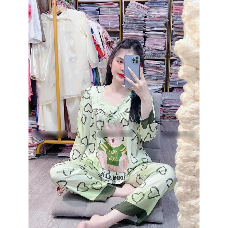 Bộ ngủ Gấu xanh dài và ngắn tay,cổ ren nút ngọc.trai,TK lụa tơ.tằm của 2CE