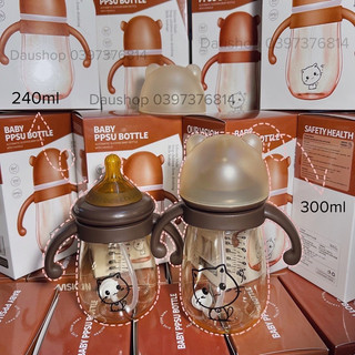Bình sữa hình mèo PPSU cổ rộng chống sặc dung tích 300ml kèm tay cầm van chống sặc