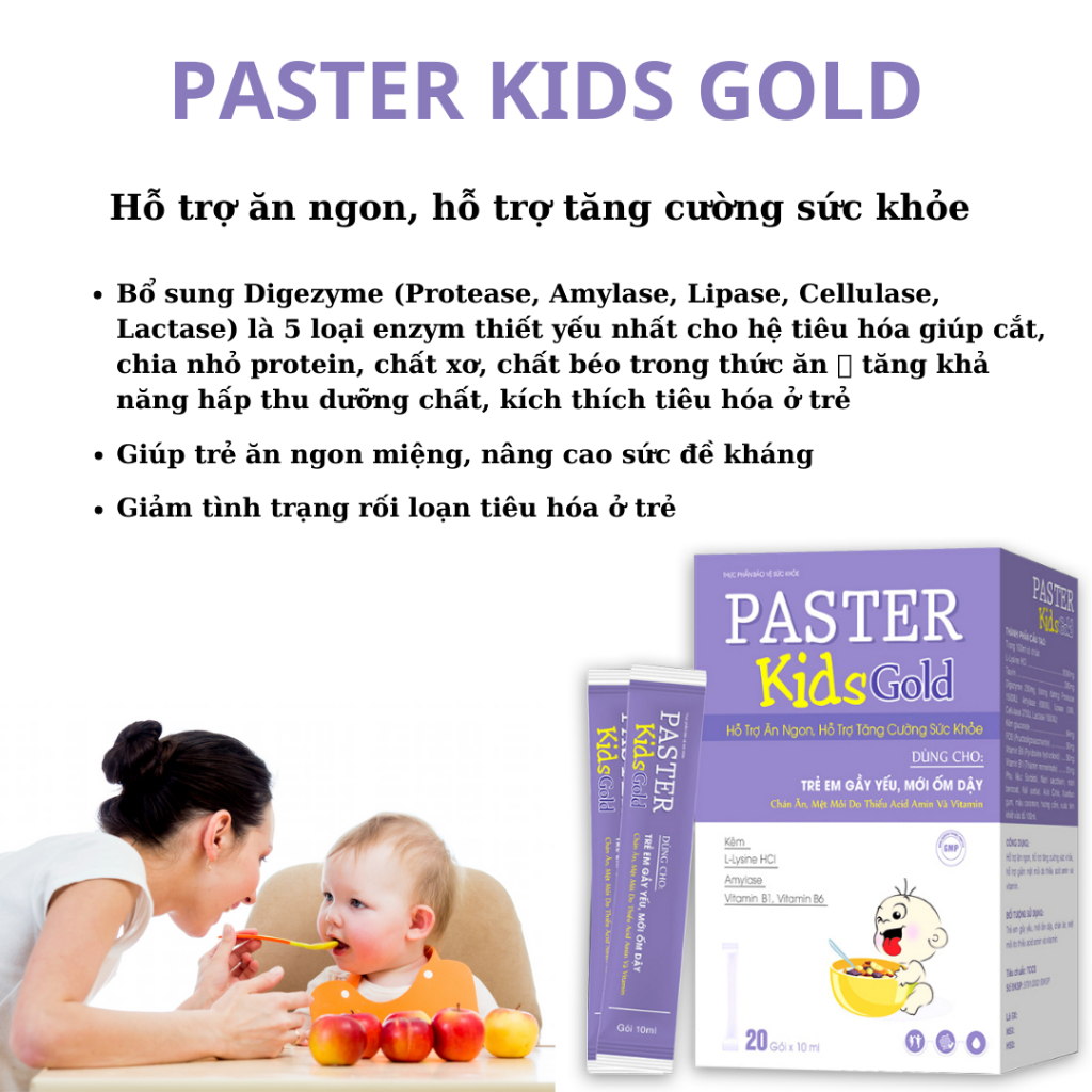 Siro ăn ngon Paster Kids Gold giúp bé ăn ngon, tăng cường sức đề kháng - Hộp 20 gói