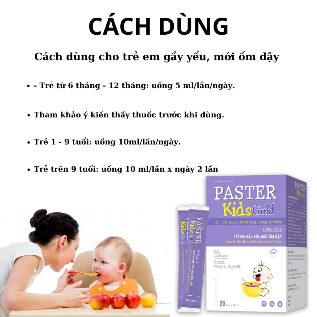 Siro ăn ngon Paster Kids Gold giúp bé ăn ngon, tăng cường sức đề kháng - Hộp 20 gói