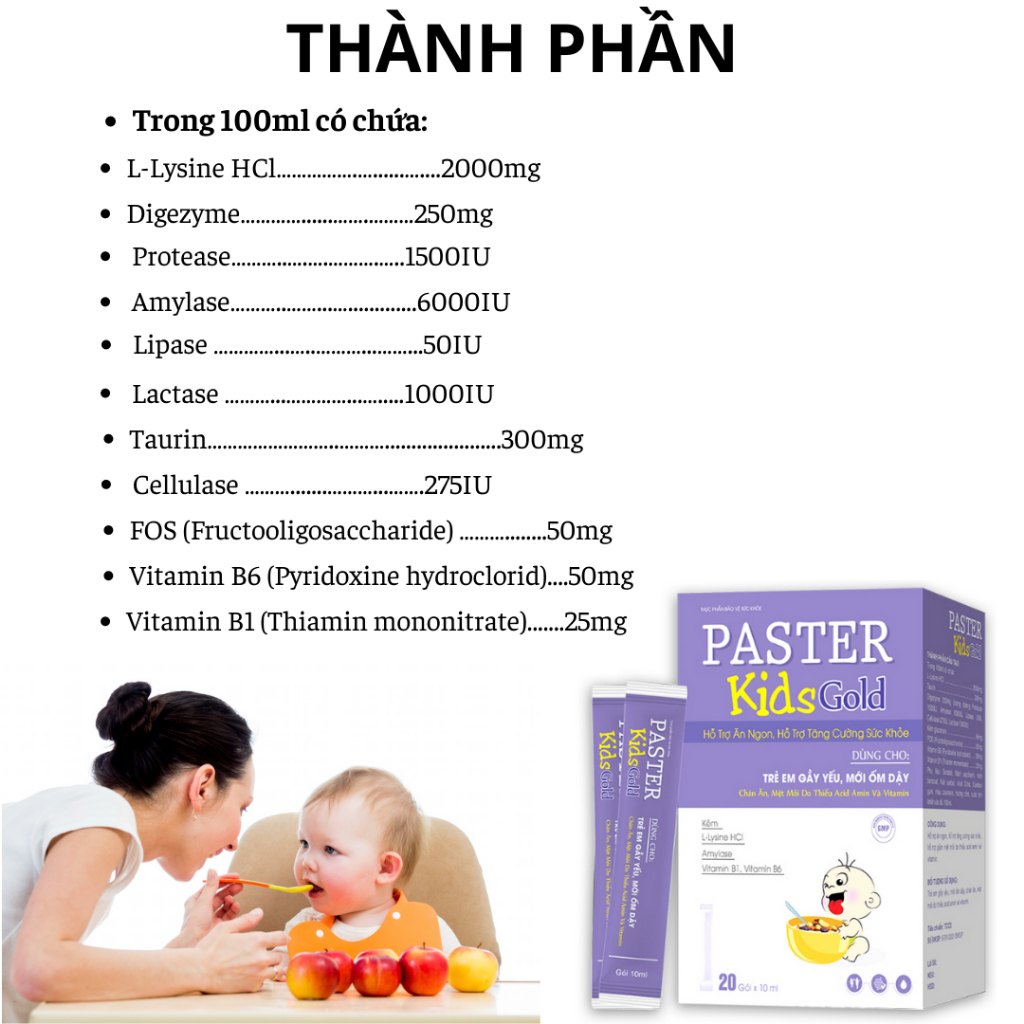 Siro ăn ngon Paster Kids Gold giúp bé ăn ngon, tăng cường sức đề kháng - Hộp 20 gói