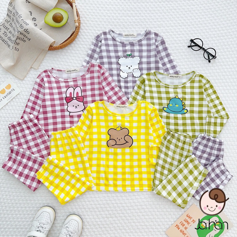 NT121 Bộ dài tay thun lạnh Minky Mom hoạ tiết sọc caro in hình con vật dễ thương cho bé trai, bé gái
