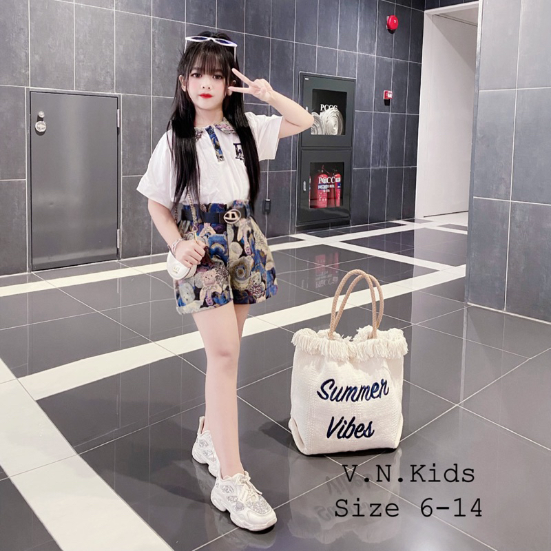 Set áo cổ sen Dio + quần gấm gấu xanh xinh sang size đại 19kg-44kg