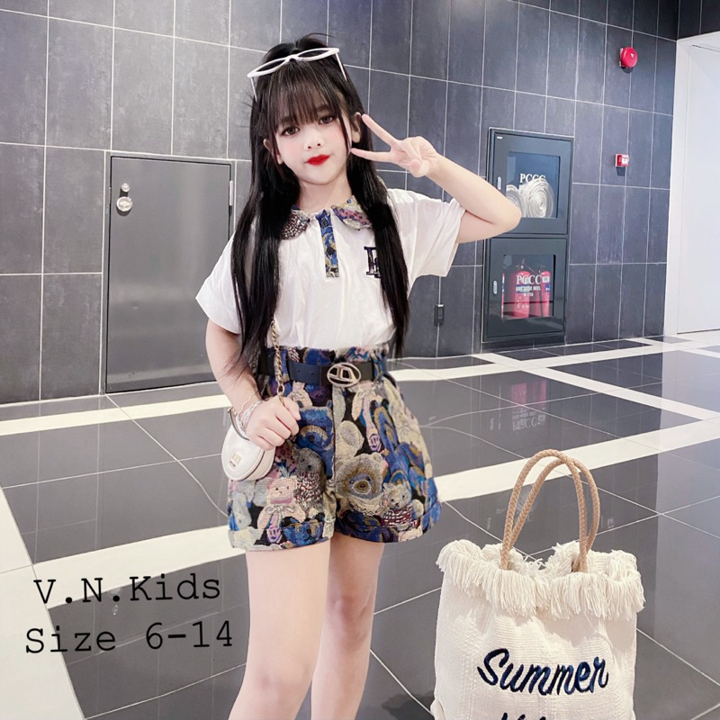 Set áo cổ sen Dio + quần gấm gấu xanh xinh sang size đại 19kg-44kg