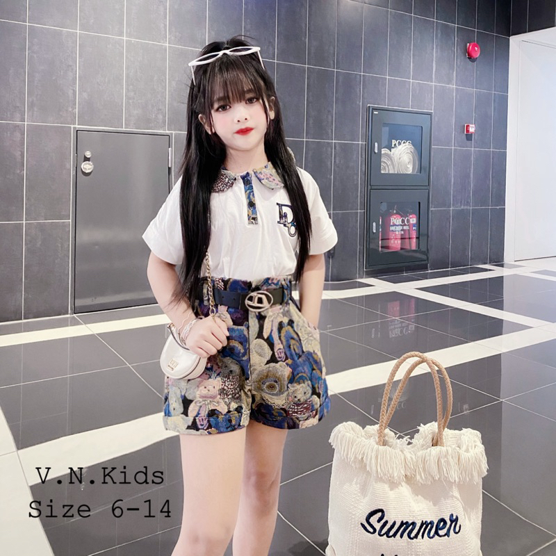 Set áo cổ sen Dio + quần gấm gấu xanh xinh sang size đại 19kg-44kg