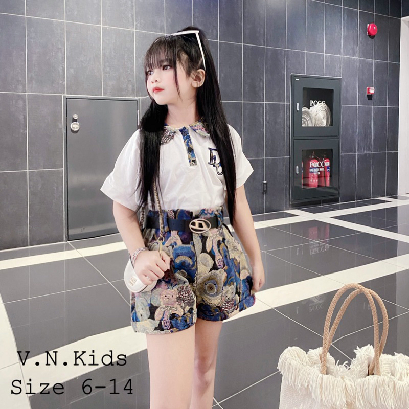 Set áo cổ sen Dio + quần gấm gấu xanh xinh sang size đại 19kg-44kg