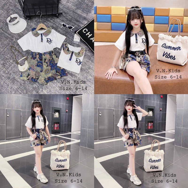 Set áo cổ sen Dio + quần gấm gấu xanh xinh sang size đại 19kg-44kg