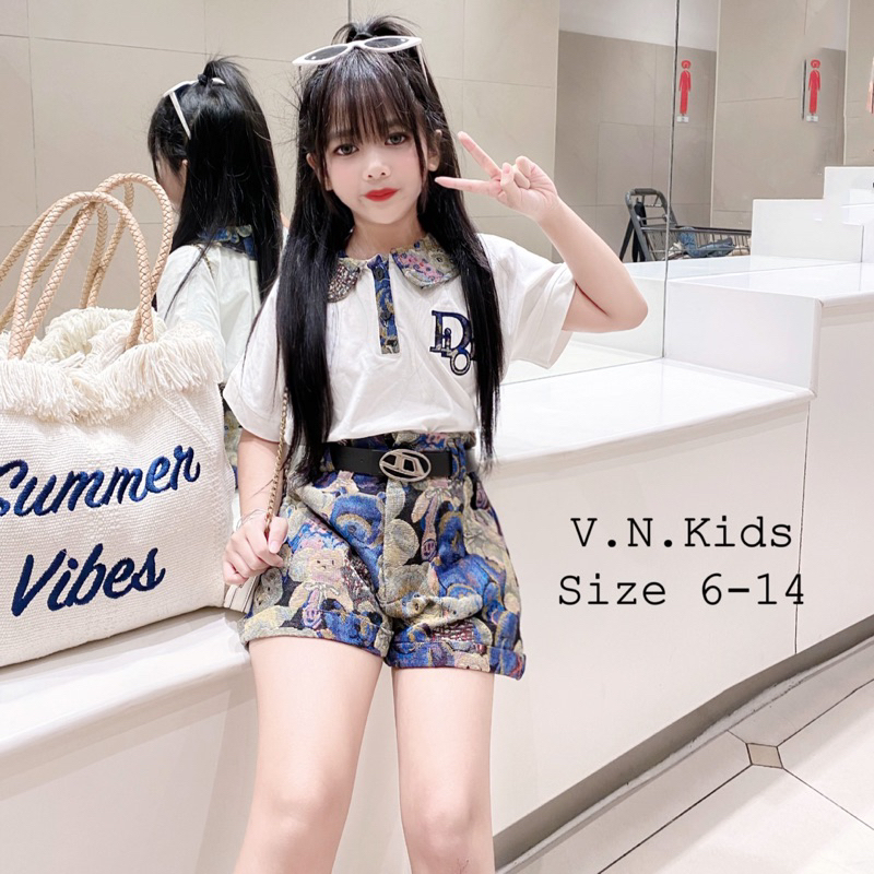 Set áo cổ sen Dio + quần gấm gấu xanh xinh sang size đại 19kg-44kg