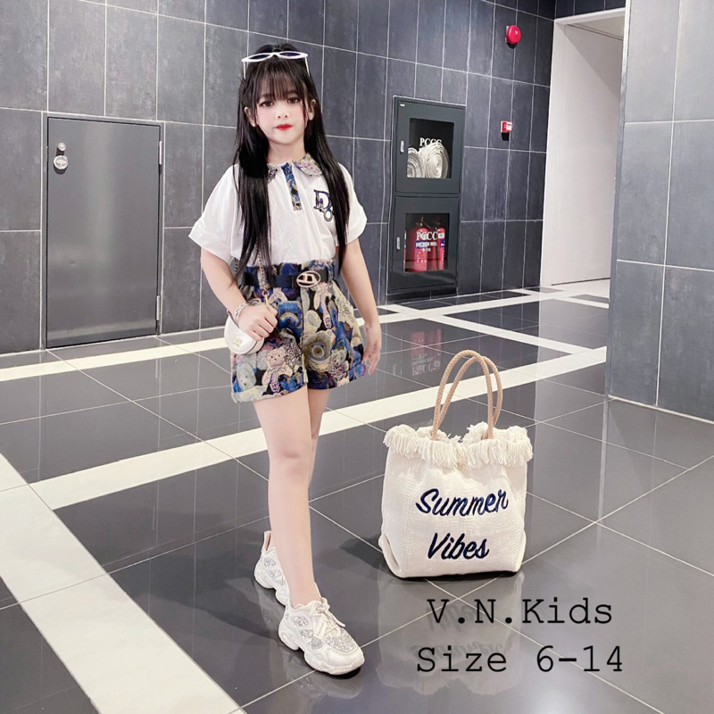 Set áo cổ sen Dio + quần gấm gấu xanh xinh sang size đại 19kg-44kg